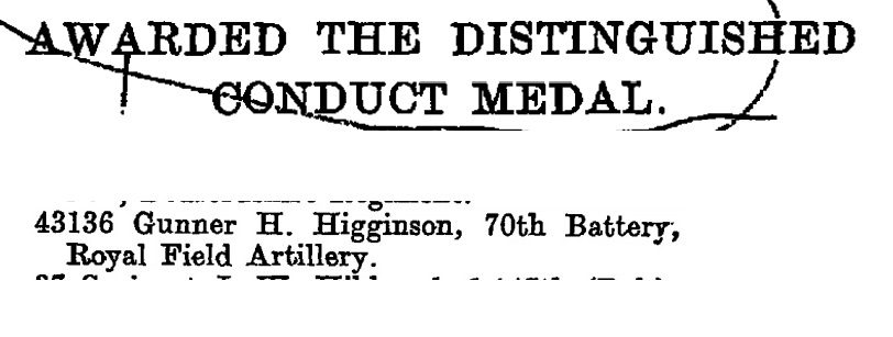 DCM - Henry Higginson - London Gazette 14 Jan 1916 No. 29438